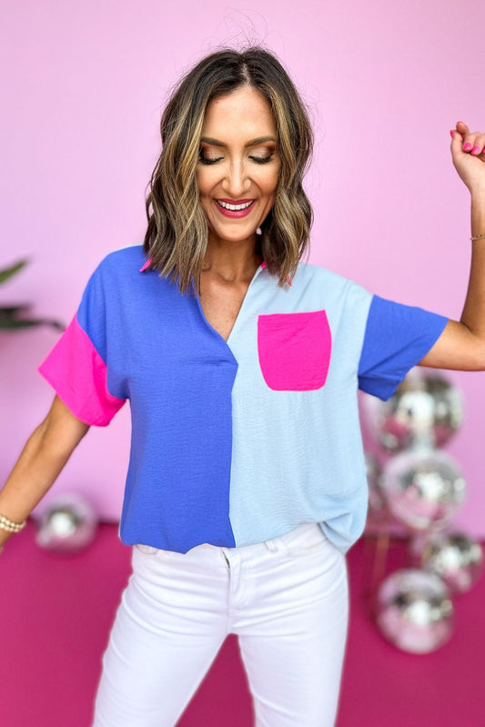  Blue Pink Colorblock Open Collared Top, Colorblock, Neon Top, Summer Top, Short Sleeve Top, Summer Style, Mom Style, Shop Style Your Senses by Mallory Fitzsimmons