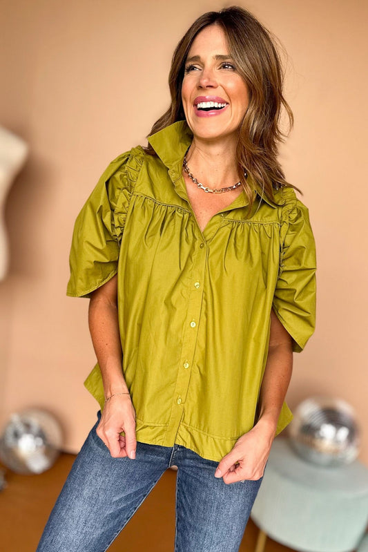 Olive Green Button Front Collared Puff Sleeve Top, must have top, must have style, fall style, fall fashion, elevated style, elevated dress, mom style, fall collection, fall top, shop style your senses by mallory fitzsimmons