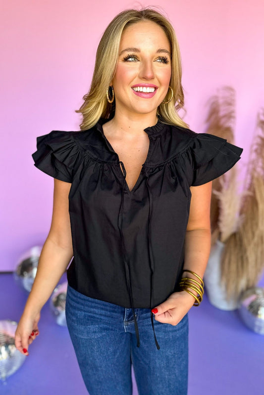 Black Poplin Ruffle Tie Front Top, must have, black top, work to weekend, mom style, elevated style, shop style your senses by mallory fitzsimmons