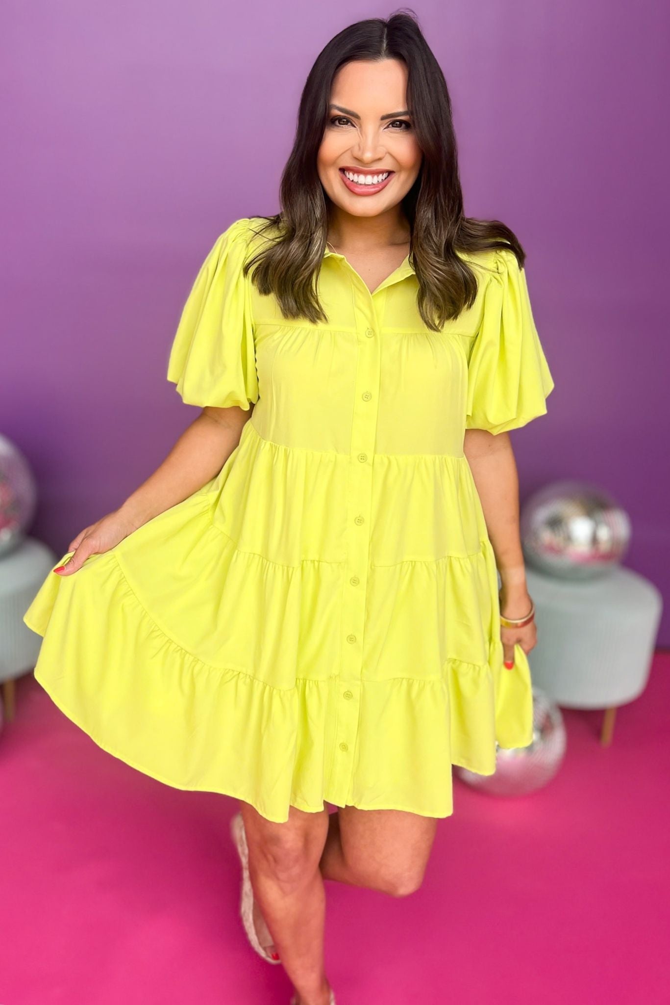 Lime Green Button Front Collared Short Puff Sleeve Dress, tiered dress, neon dress, must have dress, must have style, weekend style, spring fashion, elevated style, elevated style, mom style, shop style your senses by mallory fitzsimmons, ssys by mallory fitzsimmons