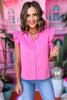 SSYS The Leah Poplin Ruffle Shoulder Top In Pink, ssys the label, spring break top, spring break style, spring fashion affordable fashion, elevated style, bright style, poplin top, mom style, shop style your senses by mallory fitzsimmons, ssys by mallory fitzsimmons