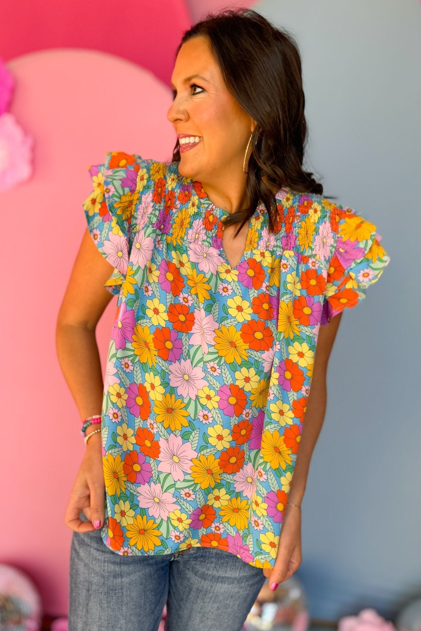 Aqua Floral Printed Split Neck Smocked Ruffled Sleeve Top, floral top, spring florals, must have top, must have style, office style, spring fashion, elevated style, elevated top, mom style, work top, shop style your senses by mallory fitzsimmons