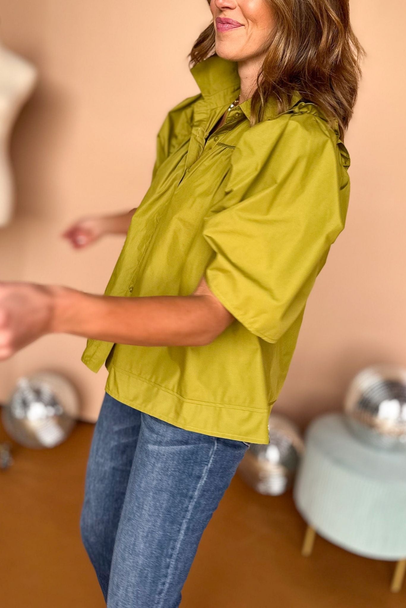 Olive Green Button Front Collared Puff Sleeve Top, must have top, must have style, fall style, fall fashion, elevated style, elevated dress, mom style, fall collection, fall top, shop style your senses by mallory fitzsimmons