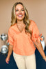 Orange V Neck Tie Detail Puff Short Sleeve Top, must have top, puff sleeve top, summer to fall style, must have style, elevated style, mom style, shop style your senses by mallory fitzsimmons