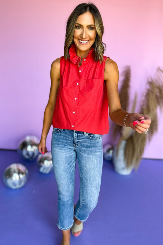  SSYS Red Sleeveless Ruffle Collar Poplin Top, summer top, poplin neck, mom style, elevated style, must have, shop style your senes by mallory fitzsimmons