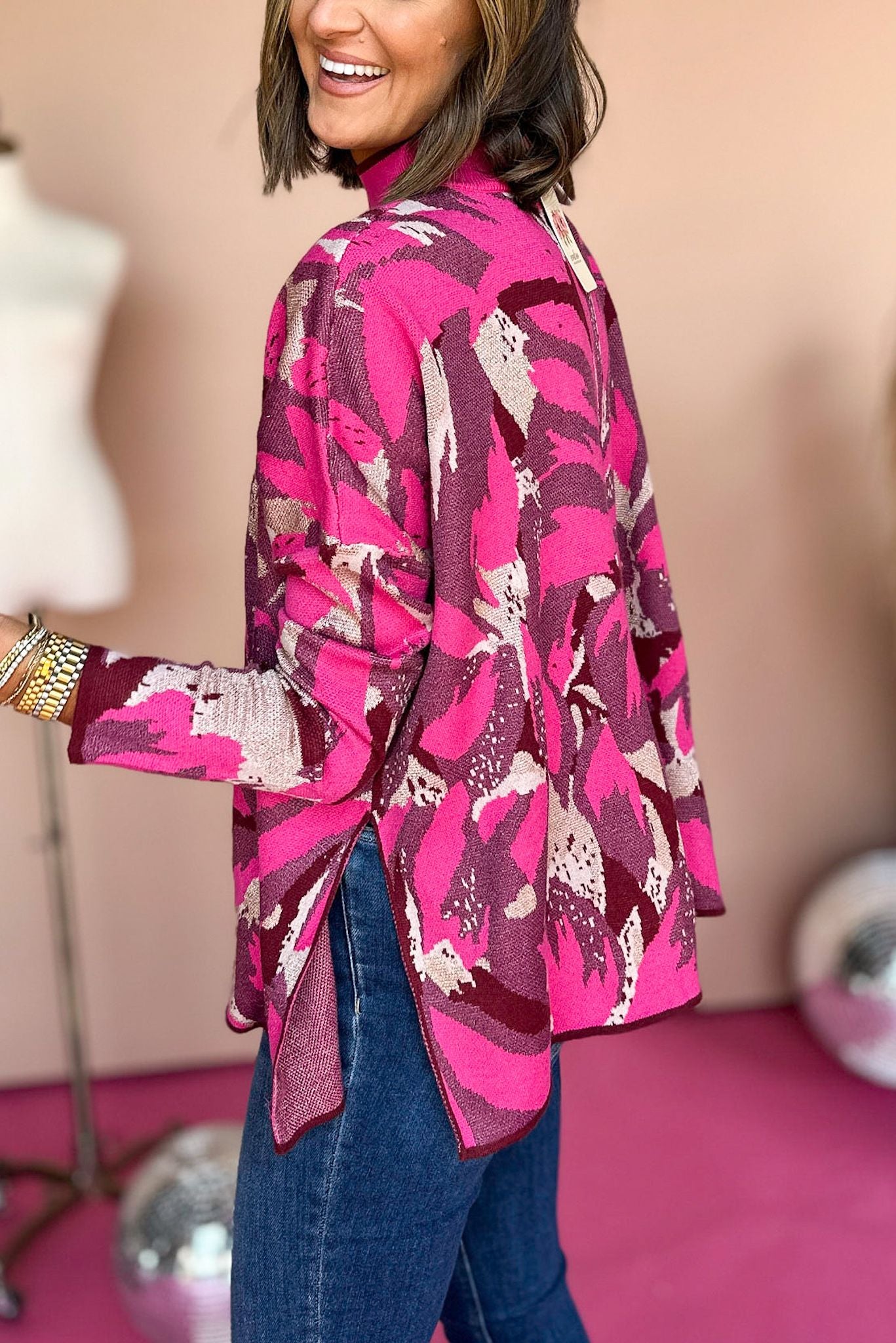 Hot Pink Abstract Printed Mock Neck Long Sleeve Sweater *FINAL SALE*