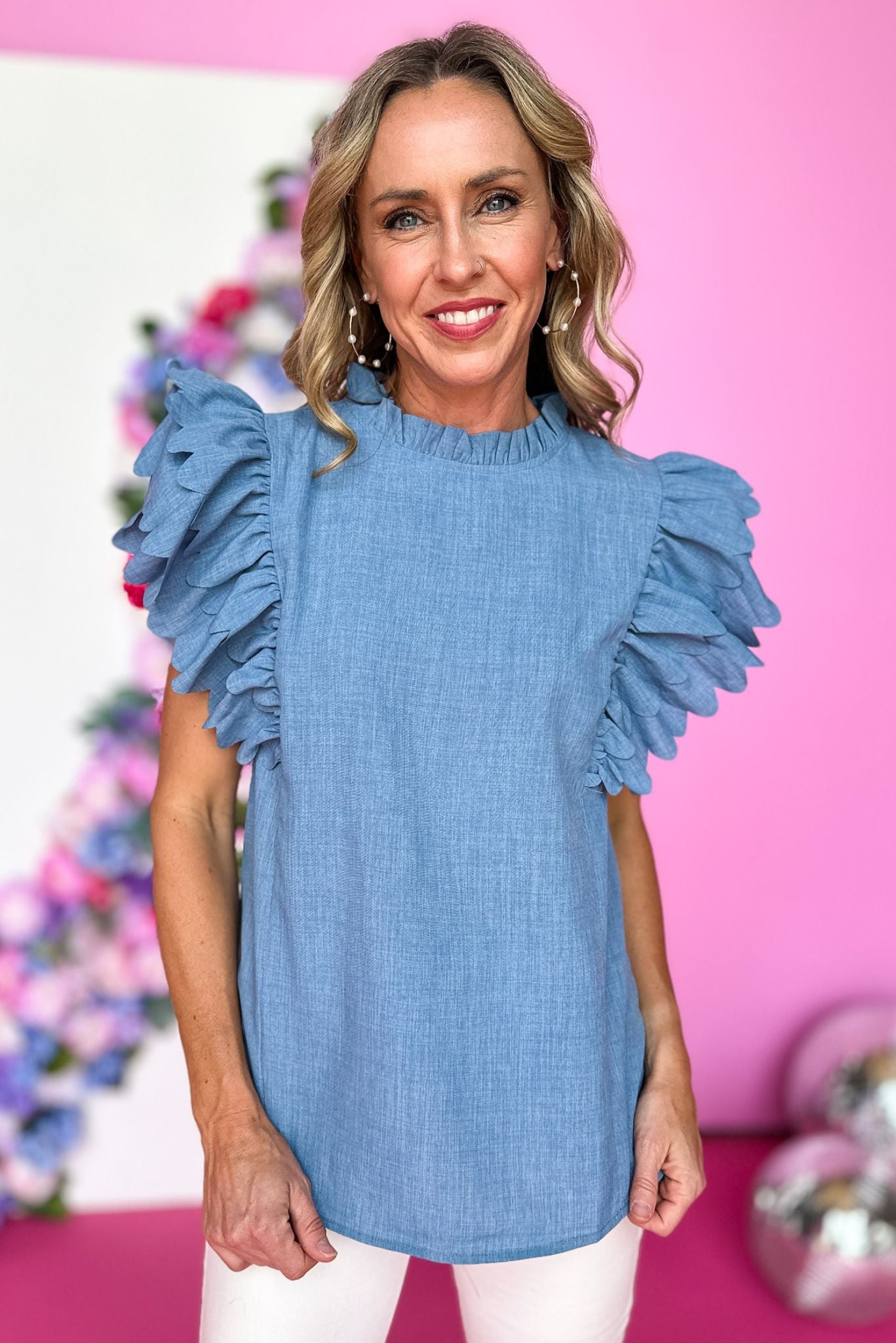 Light Blue Chambray Layered Scalloped Sleeve Top