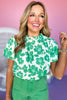  Green Flower Frill Neck Puff Sleeve Top, floral top, must have top, green top, st patricks day style, st patricks, elevated set, mom style, spring fashion, affordable fashion, shop style your senses by mallory fitzsimmons, ssys by mallory fitzsimmons