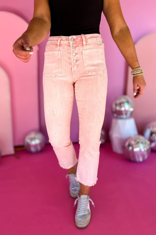  Vervet Pink Wash Mid Rise Front Pocket Crop Flare Jeans,  pink jeans, crop jeans, must have jeans, must have style, must have comfortable style, spring fashion, spring style, street style, mom style, elevated comfortable, elevated style, shop style your senses by mallory fitzsimmons