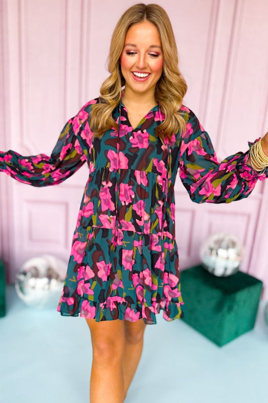  Hot Pink Floral Printed Tie Neck Tiered Skirted Dress, must have dress, must have style, office style, spring fashion, elevated style, elevated dress, mom style, work dress, shop style your senses by mallory fitzsimmons
