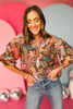 Brown Floral Printed V Neck Puff Sleeve Top