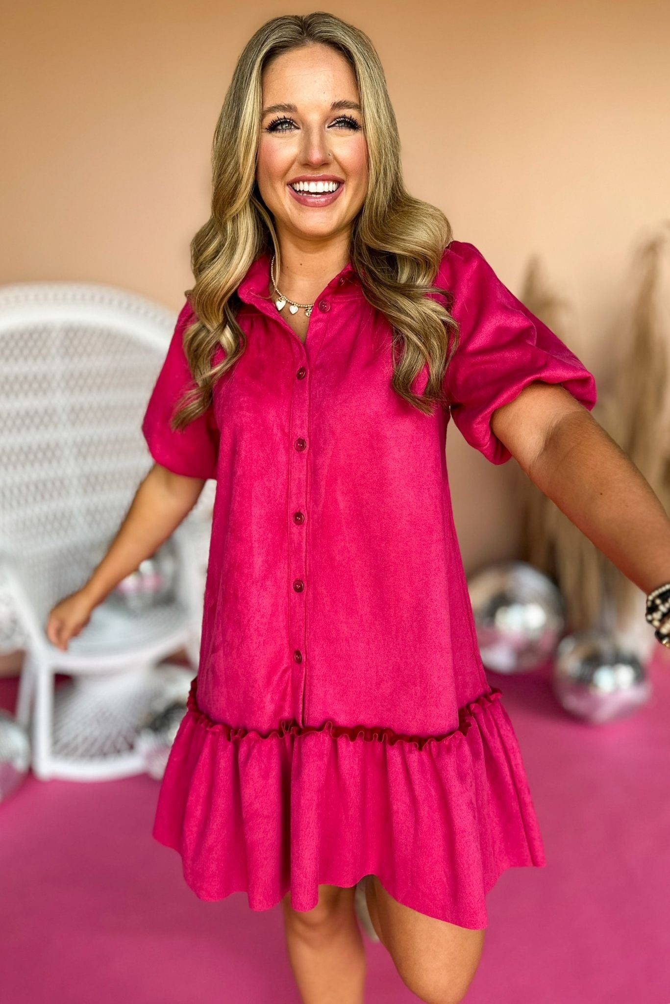 Pink Faux Suede Button Down Puff Sleeve Dress, elevated dress, elevated style, must have dress, must have style, fall dress, fall fashion, family photos dress, mom style, shop style your senses by mallory fitzsimmons