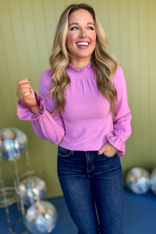 Pink Frilled Neck Long Sleeve Sweater Top, must have sweater, must have style, winter style, winter fashion, elevated style, elevated dress, mom style, winter collection, winter sweater, shop style your senses by mallory fitzsimmons