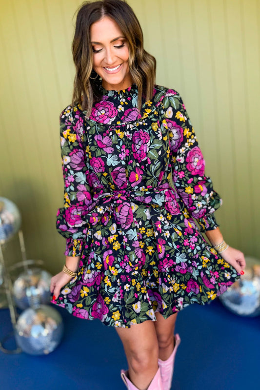 Black Floral Printed Long Puff Sleeve Tie Waist Dress, must have dress, must have style, fall style, fall fashion, elevated style, elevated dress, mom style, fall collection, fall dress, shop style your senses by mallory fitzsimmons