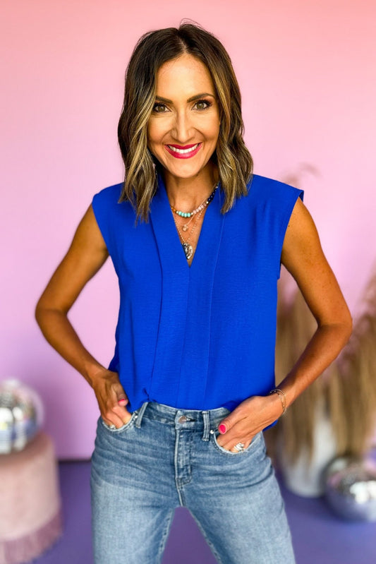 Royal Blue V Neck Front Pleat Sleeveless Top, summer top, mom style, elevated style, must have, work to weekend, shop style your senses by mallory fitzsimmons