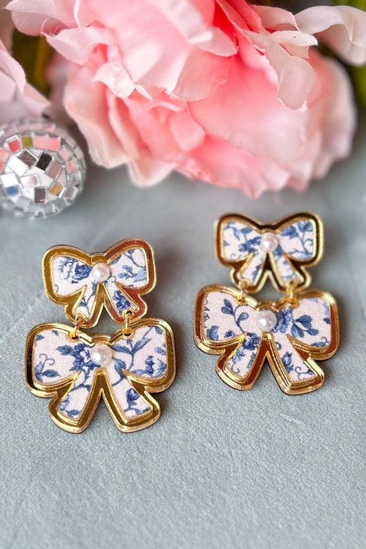 Blue Double Bow Pearl Accent Statement Earrings, accessory, earrings, gold earrings, must have earrings, shop style your senses by mallory fitzsimmons, ssys by mallory fitzsimmons