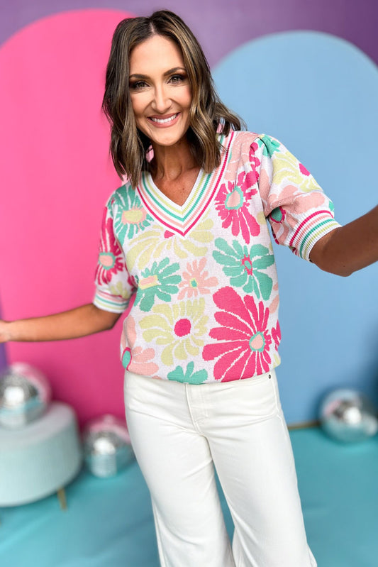 Peach Multi Flower V Neck Ribbed Hem Short Bubble Sleeve Top, flower top, bright top, must have top, must have style, brunch style, summer style, spring fashion, elevated style, elevated top, mom style, shop style your senses by mallory fitzsimmons, ssys by mallory fitzsimmons