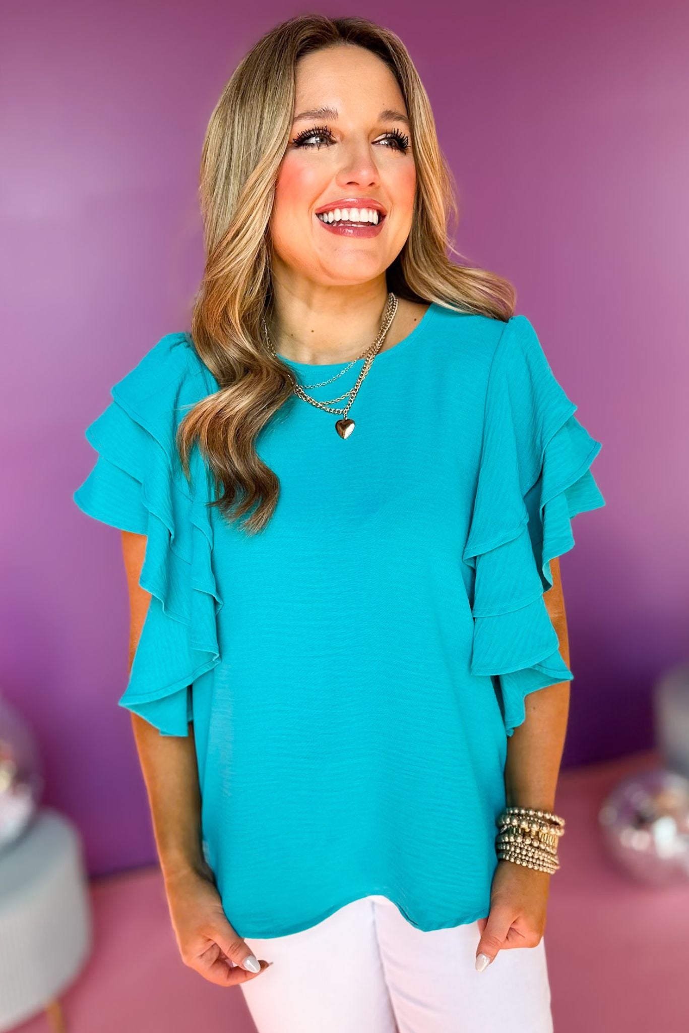 Teal Woven Multi-Tiered Ruffle Sleeve Top *FINAL SALE* *Final Sale*, saturday steal, must have top, must have style, brunch style, summer style, spring fashion, elevated style, elevated top, mom style, shop style your senses by mallory fitzsimmons, ssys by mallory fitzsimmons