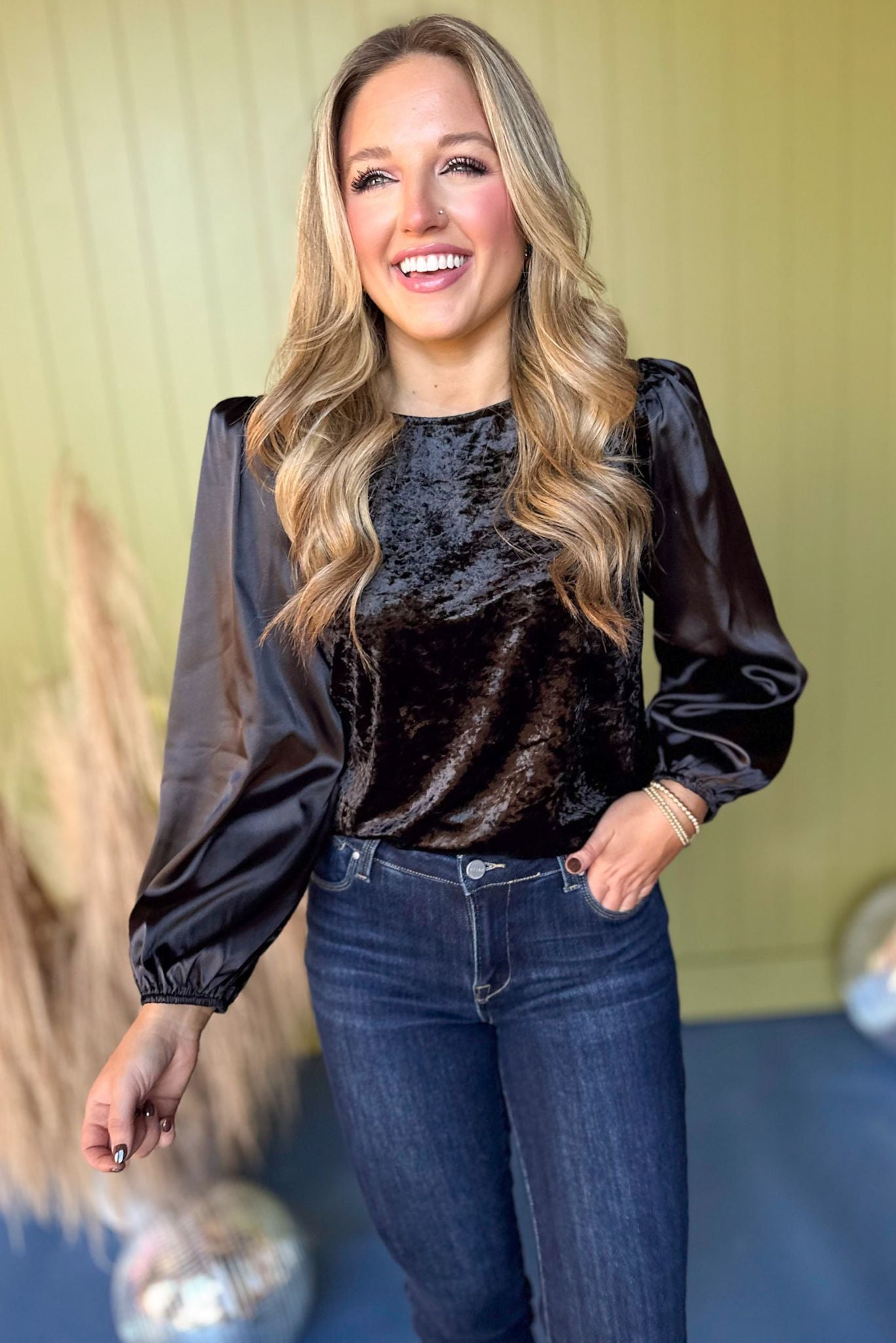 Black Mixed Material Peasant Long Sleeve Top *FINAL SALE* *Final Sale*, must have top, must have style, must have velvet, fall collection, fall fashion, elevated style, elevated top, mom style, fall style, shop style your senses by mallory fitzsimmons