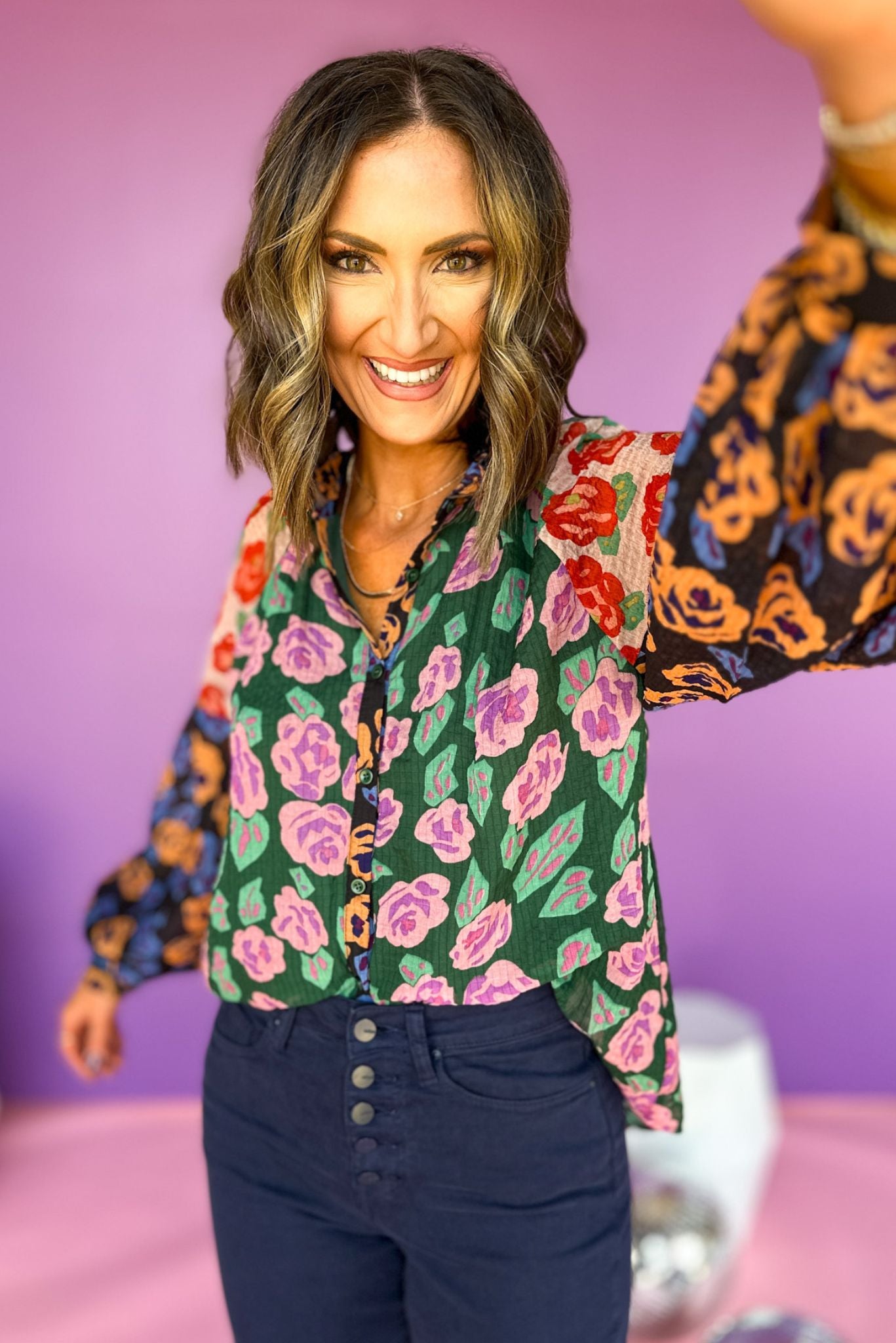 Green Colorblock Floral Printed Balloon Sleeve Top, elevated top, floral top, must have top, must have print, elevated style, mom style, fall style, fall top. shop style your senses by mallory fitzsimmons