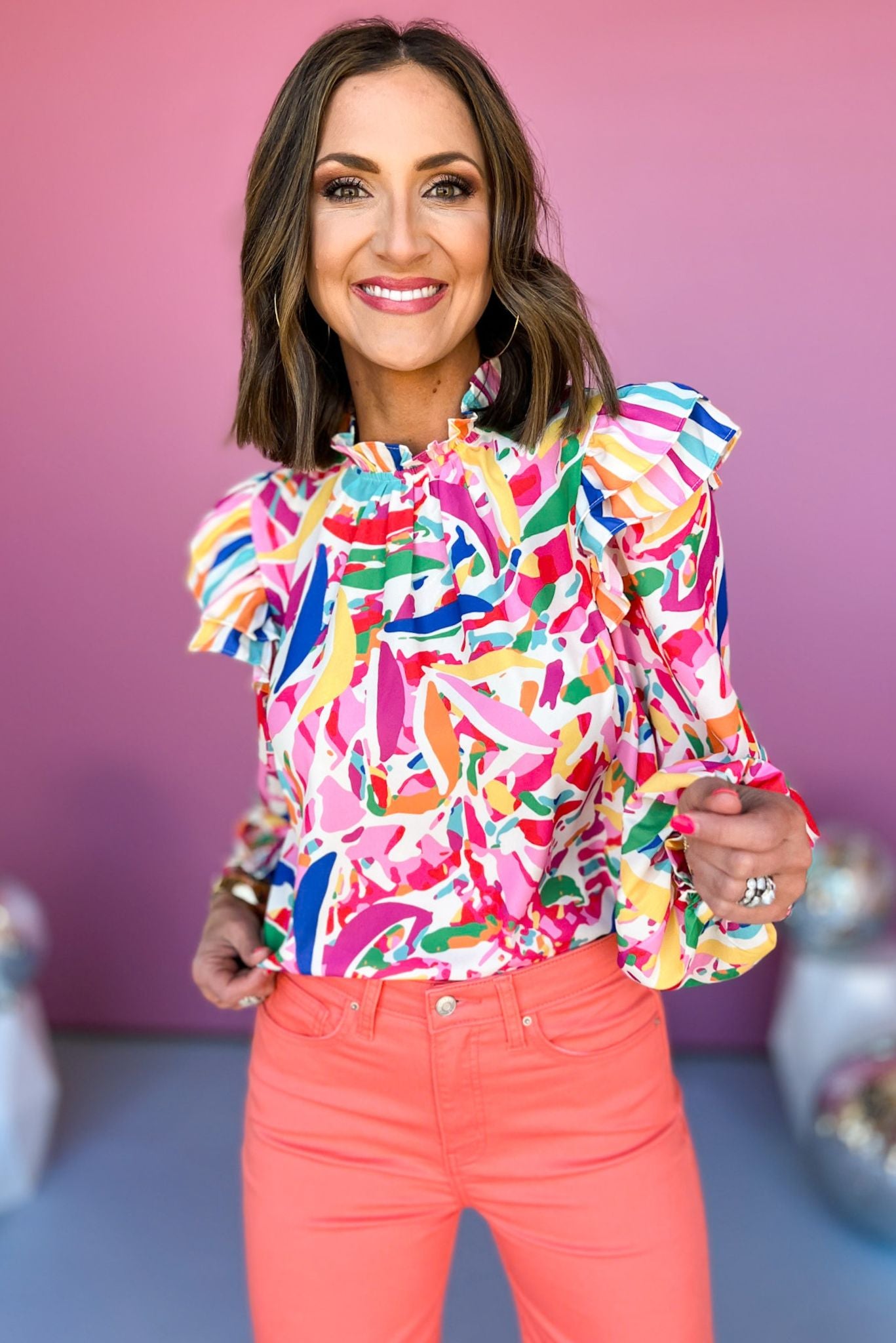 Pink Multi Abstract High Frill Neck Ruffled Shoulder Long Sleeve Top, printed top, must have top, must have style, date night style, spring fashion, elevated style, elevated top, mom style, shop style your senses by mallory fitzsimmons, ssys by mallory fitzsimmons