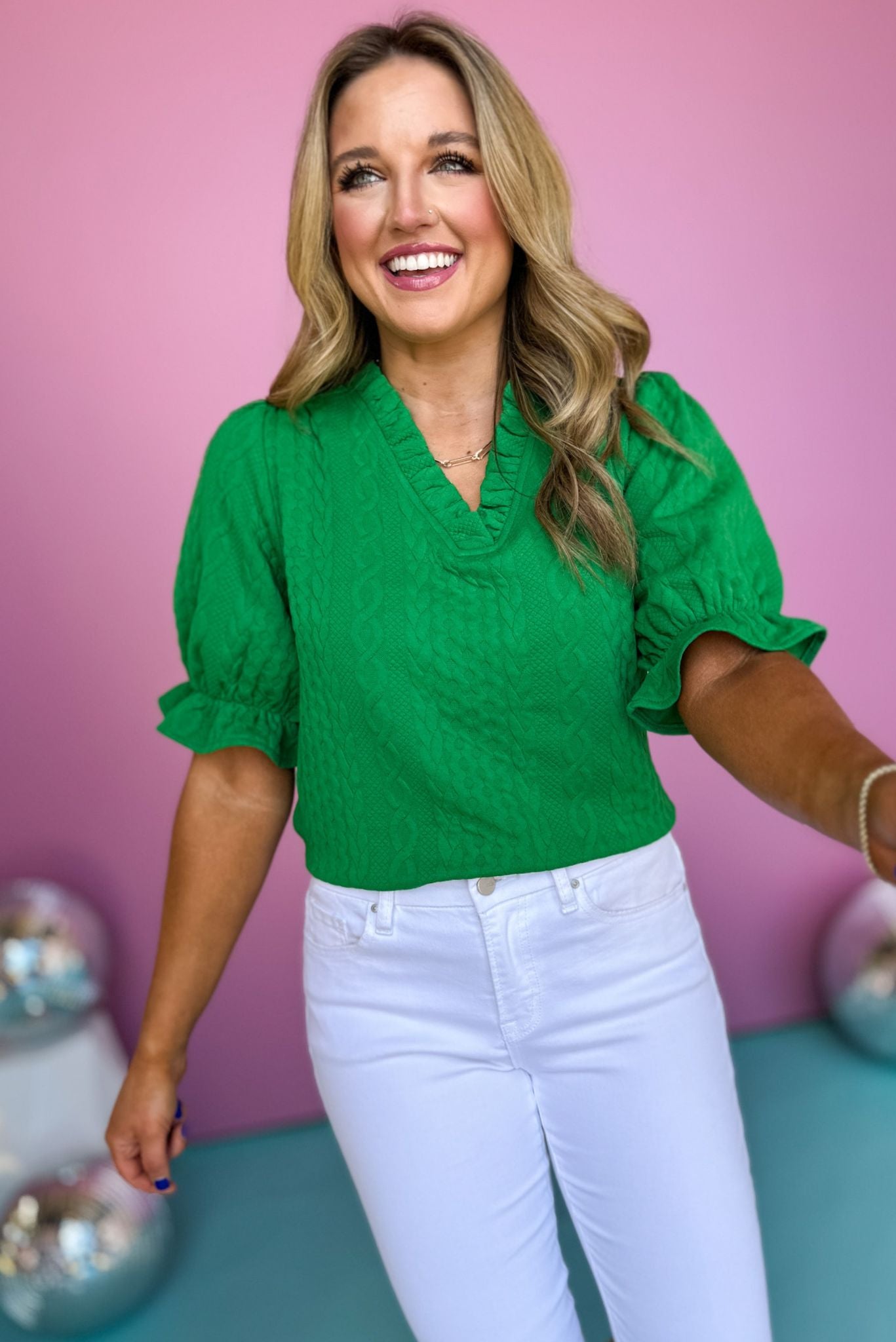 Green V Ruffle Neck Textured Knit Top, must have top, must have style, brunch style, summer style, spring fashion, elevated style, elevated top, mom style, shop style your senses by mallory fitzsimmons, ssys by mallory fitzsimmons