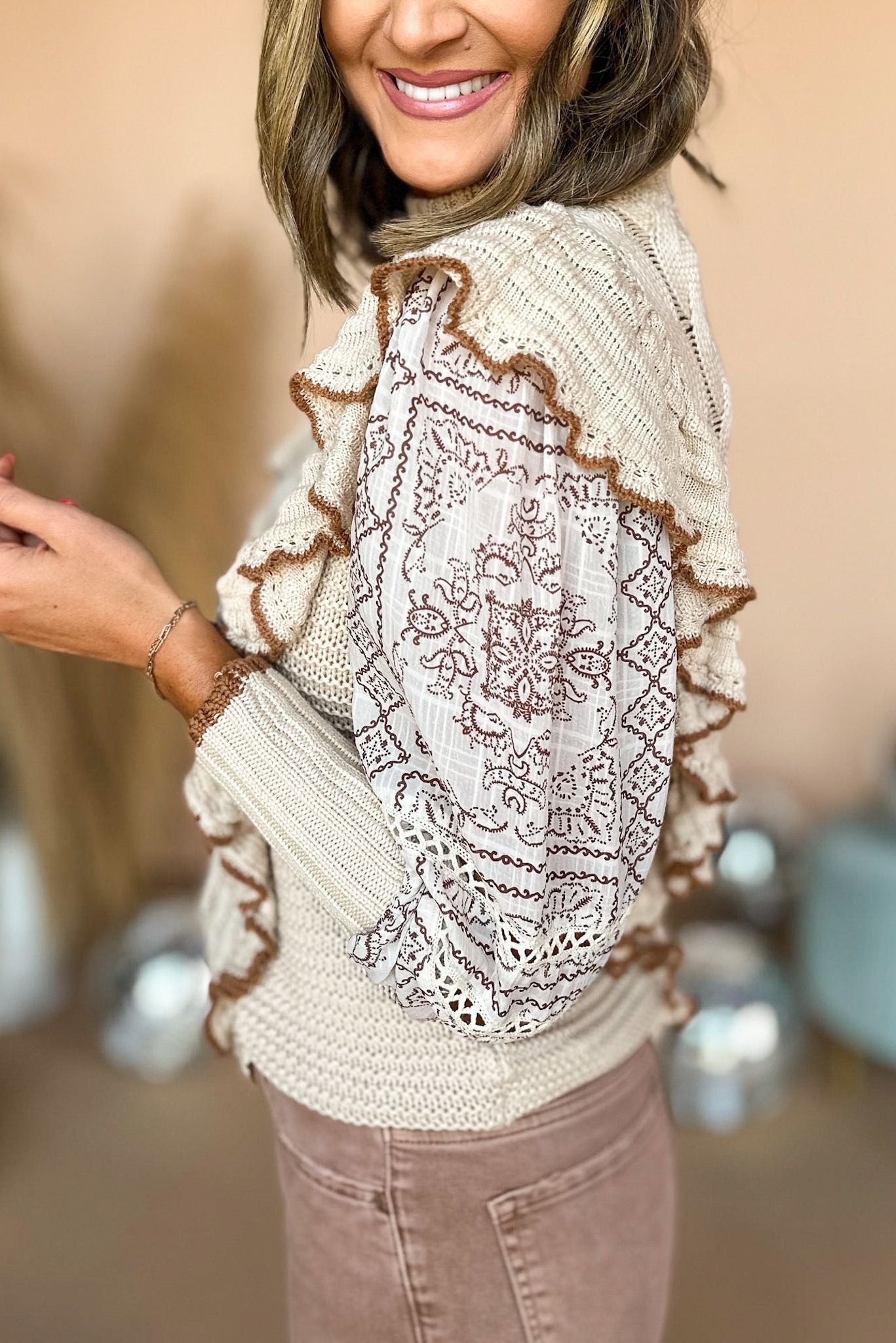 Taupe Ruffle Front Lace Detail Sweater Top, fall top, sweater top, must have fall, must have top, fall style, mom style, elevated style, lace detail top, shop style your senses by mallory fitzsimmons