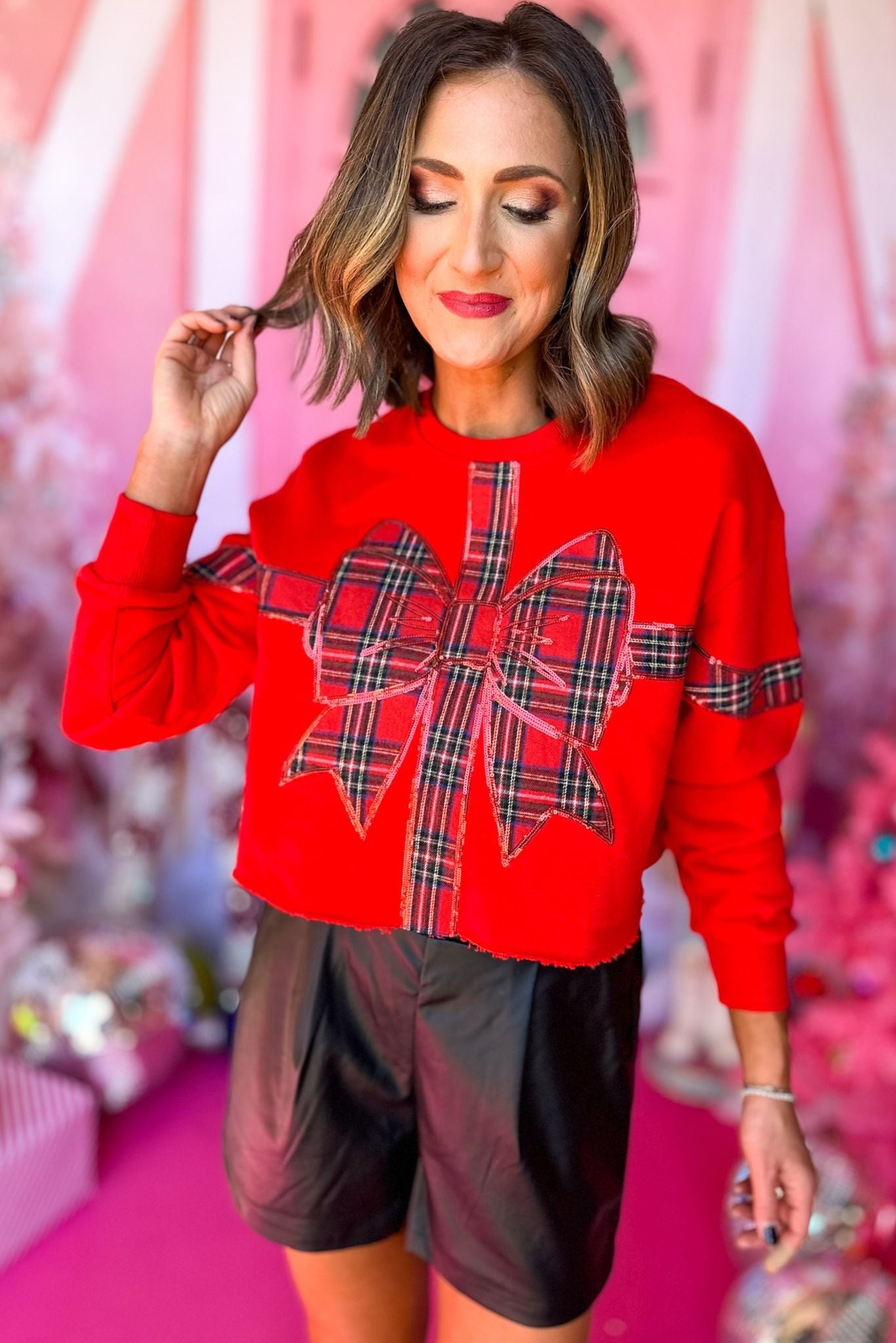 Queen Of Sparkles Red Plaid Bow Sweatshirt,  queen of sparkles, holiday sweatshirt, glam holiday, sparkly holiday, must have holiday, must have sweatshirt, must have sparkle, elevated sweatshirt, mom style, shop style your senses by mallory fitzsimmons