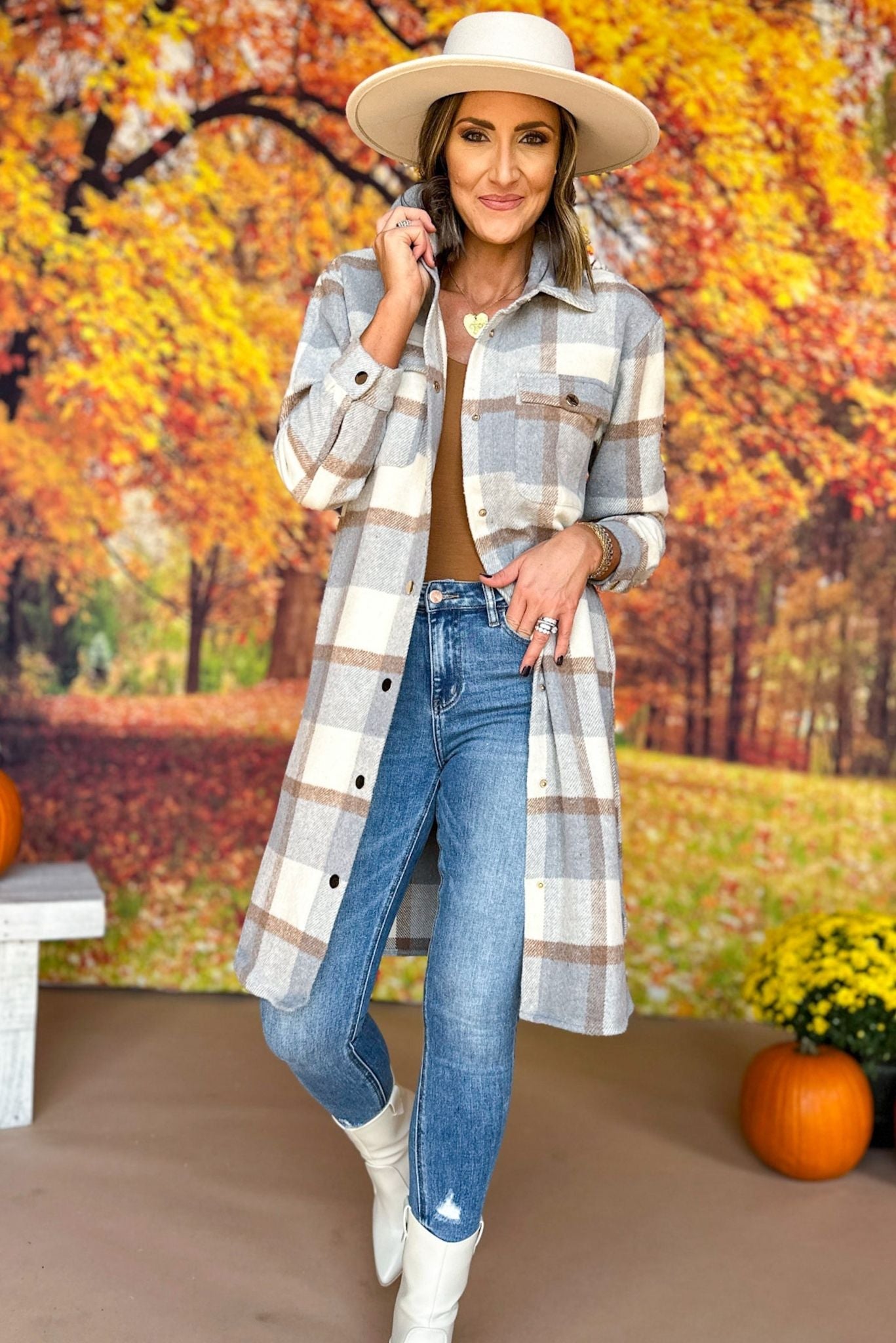 Grey Cream Plaid Button Front Shacket, must have shacket, must have style, elevated style, elevated shacket, fall fashion, fall piece, plaid print, plaid shacket, mom style, fall style, shop style your senses by mallory fitzsimmons