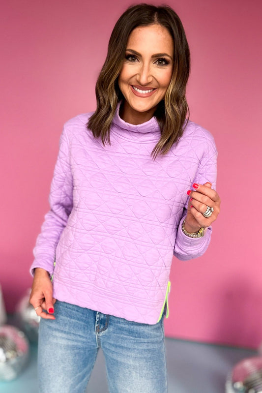  SSYS The Ava Colorblock Zipper Quilted Pullover In Lilac, SSYS the label, Must have pullover, must have style, elevated pullover, spring style, mom style, spring fashion, comfortable fashion, mom fashion, shop style your senses by Mallory Fitzsimmons