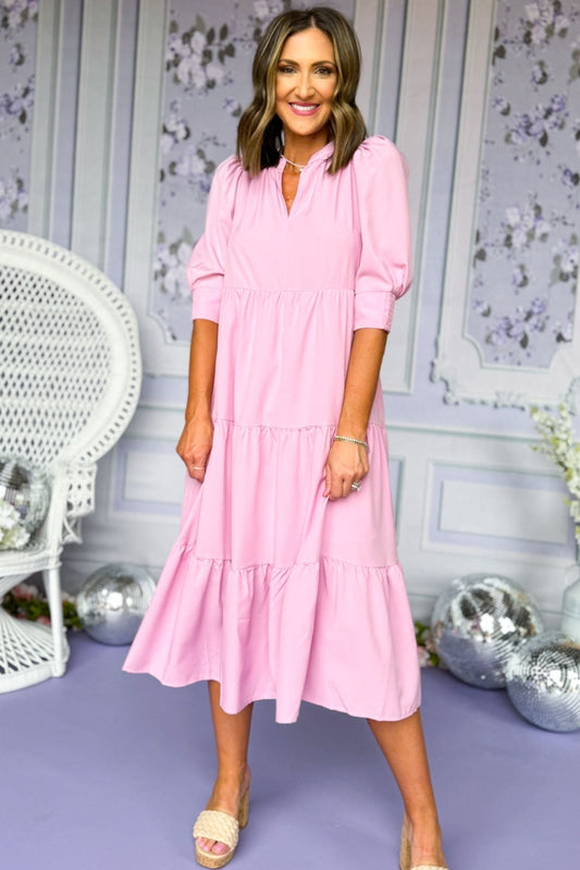  Pink Split Neck Three Quarter Sleeve Tiered Midi Dress, spring dress, elevated dress, must have dress, mothers day dress, special occasion dress, spring style, summer style, church dress, mom style, shop style your senses by Mallory Fitzsimmons, ssys by Mallory Fitzsimmons 