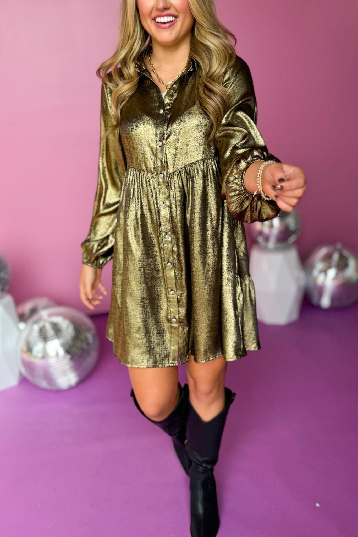 Gold Metallic Button Front Collared Baby Doll Dressmust have dress, must have style, fall style, fall fashion, elevated style, elevated dress, mom style, fall collection, fall dress, shop style your senses by mallory fitzsimmons