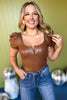 Brown V-Bar Puff Short Sleeve Bodysuit, must have top, must have style, must have holiday, holiday collection, holiday fashion, elevated style, elevated top, mom style, holiday style, shop style your senses by mallory fitzsimmons