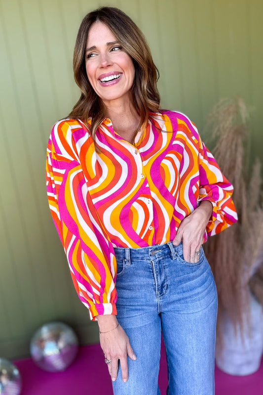Magenta Abstract Printed Collared Button Front Top, must have top, must have style, office style, winter fashion, elevated style, elevated top, mom style, work top, shop style your senses by mallory fitzsimmons