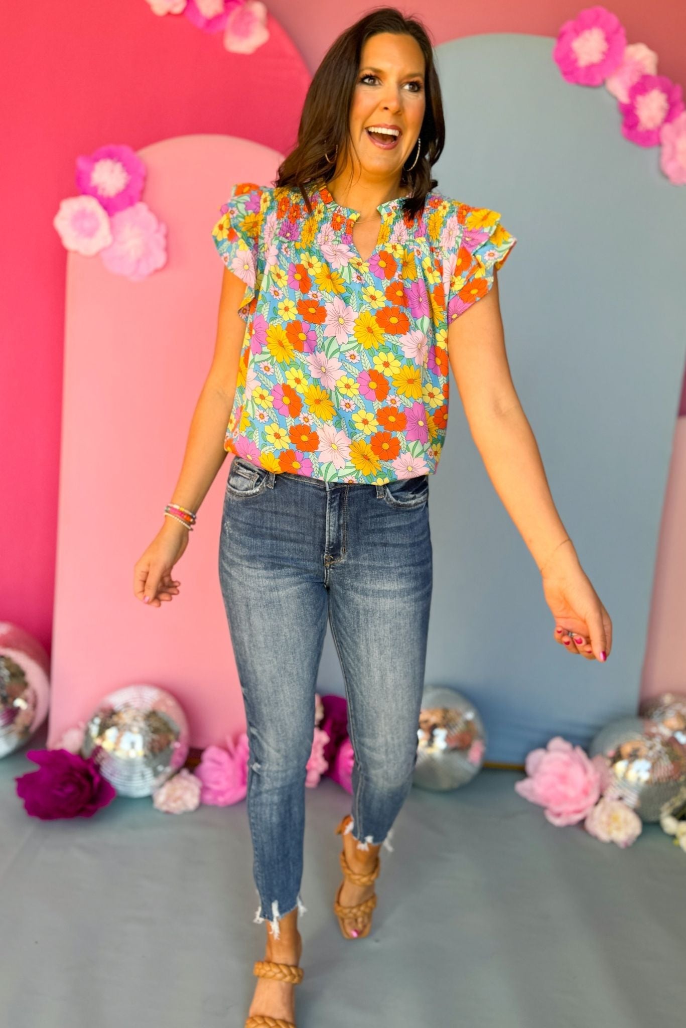 Aqua Floral Printed Split Neck Smocked Ruffled Sleeve Top, floral top, spring florals, must have top, must have style, office style, spring fashion, elevated style, elevated top, mom style, work top, shop style your senses by mallory fitzsimmons