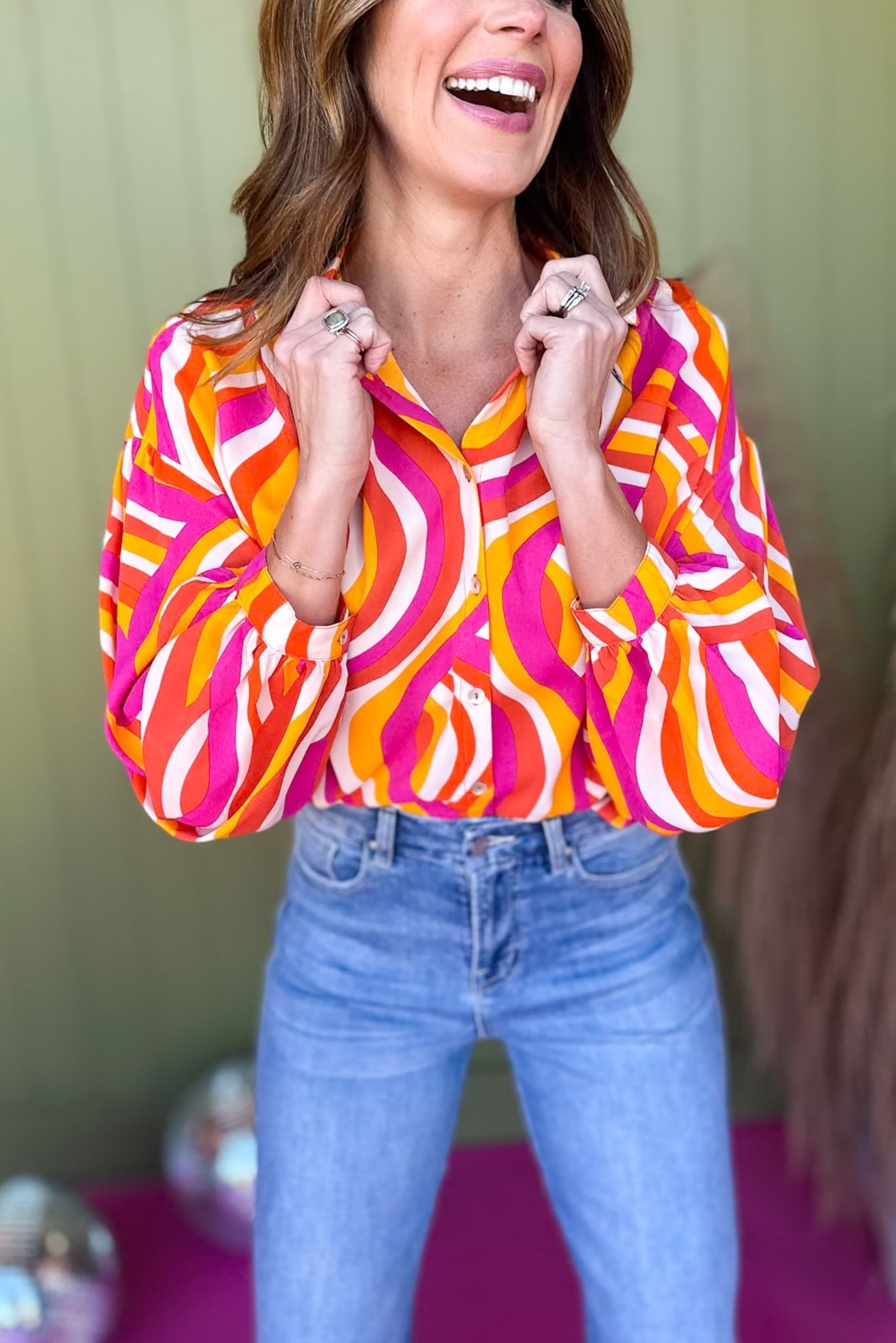 Magenta Abstract Printed Collared Button Front Top, must have top, must have style, office style, winter fashion, elevated style, elevated top, mom style, work top, shop style your senses by mallory fitzsimmons