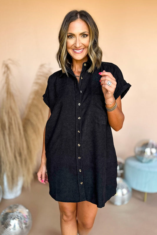 Black Corduroy Pocket Detail Button Down Dress, mom style, mom chic, carpool chic, fall style, summer to fall, elevated style, must have dress, must have fall, shop style your senses by mallory fitzsimmons