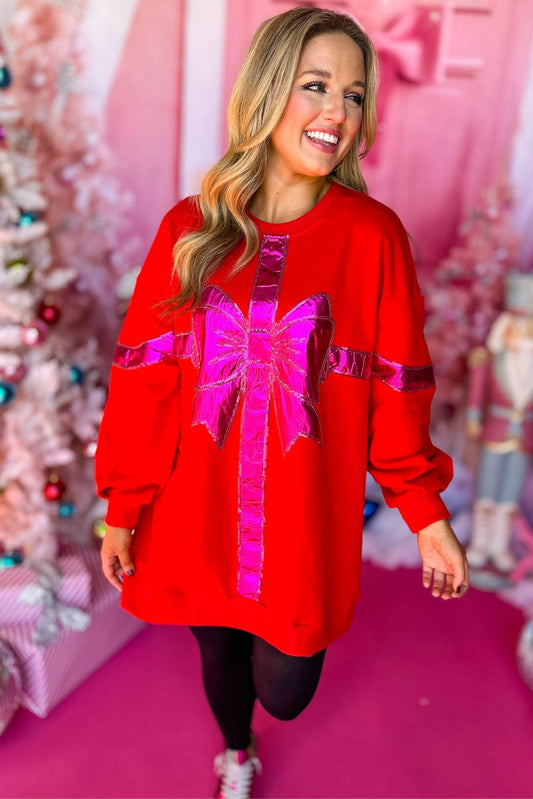  Queen Of Sparkles Red Metallic Pink Bow Sweatshirt,  queen of sparkles, holiday sweatshirt, glam holiday, sparkly holiday, must have holiday, must have sweatshirt, must have sparkle, elevated sweatshirt, mom style, shop style your senses by mallory fitzsimmons