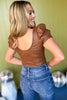 Brown V-Bar Puff Short Sleeve Bodysuit, must have top, must have style, must have holiday, holiday collection, holiday fashion, elevated style, elevated top, mom style, holiday style, shop style your senses by mallory fitzsimmons