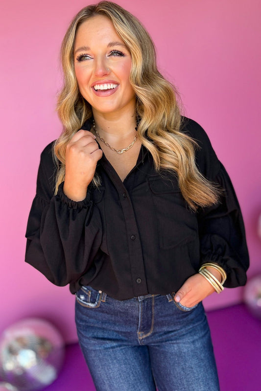 Black Puff Sleeve Collared Oversized Top, must have top, must have style, must have fall, fall collection, fall fashion, elevated style, elevated top, mom style, fall style, shop style your senses by mallory fitzsimmons