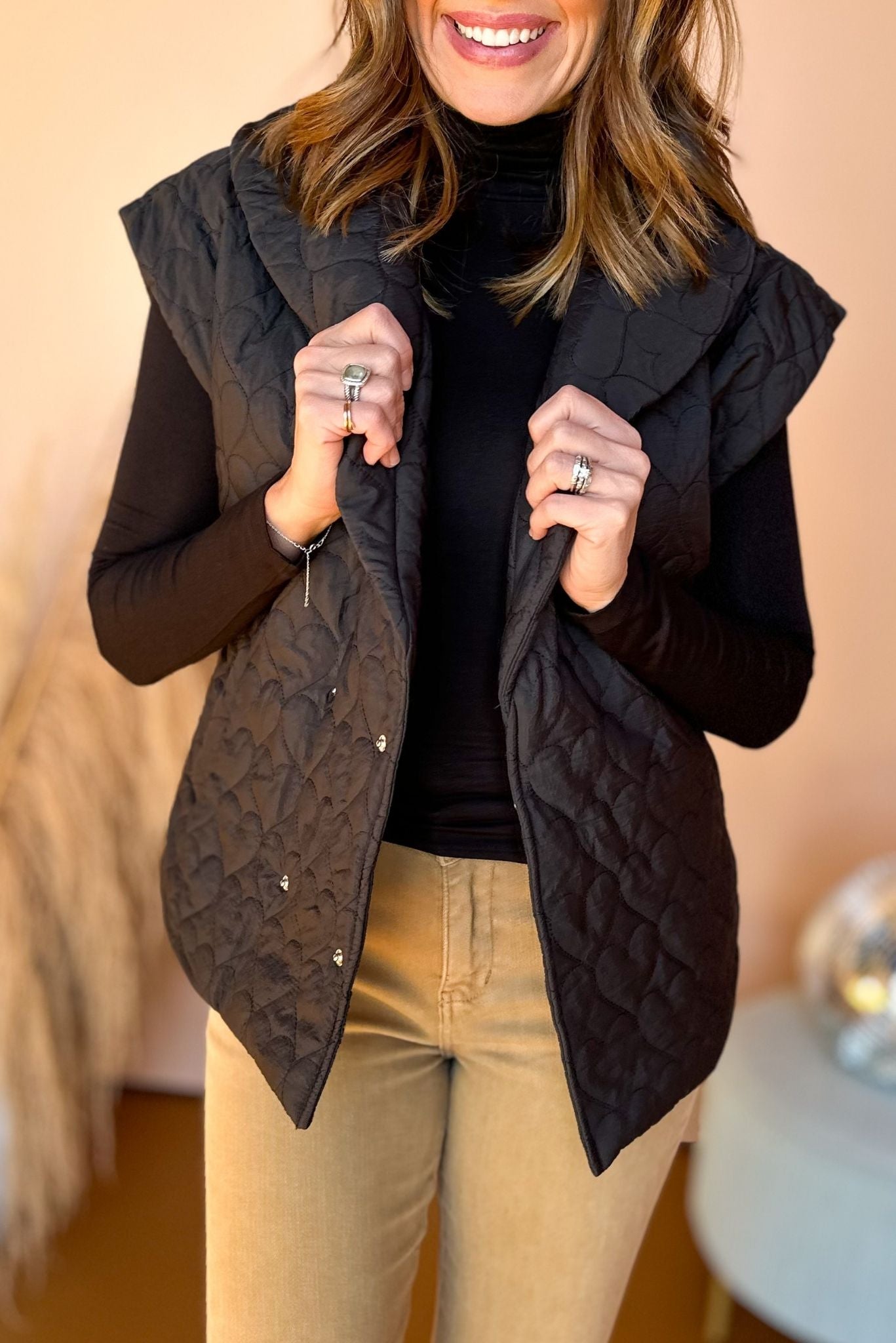 Black Quilted Heart Oversized Collared Tie Waist Vest, must have vest, must have style, elevated style, elevated vest, fall style, fall fashion, fall vest, quilted vest, mom style, shop style your senses by mallory fitzsimmons