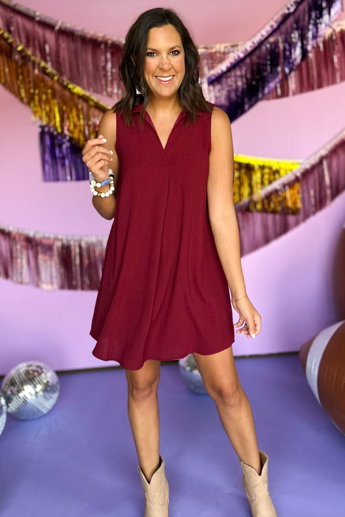 SSYS Maroon Sleeveless Collared Crepe Dress, game day style, gameday dress, game day essential, gameday must have, elevated style, mom style, aggie gameday, missouri gameday, shop style your senses by mallory fitzsimmons