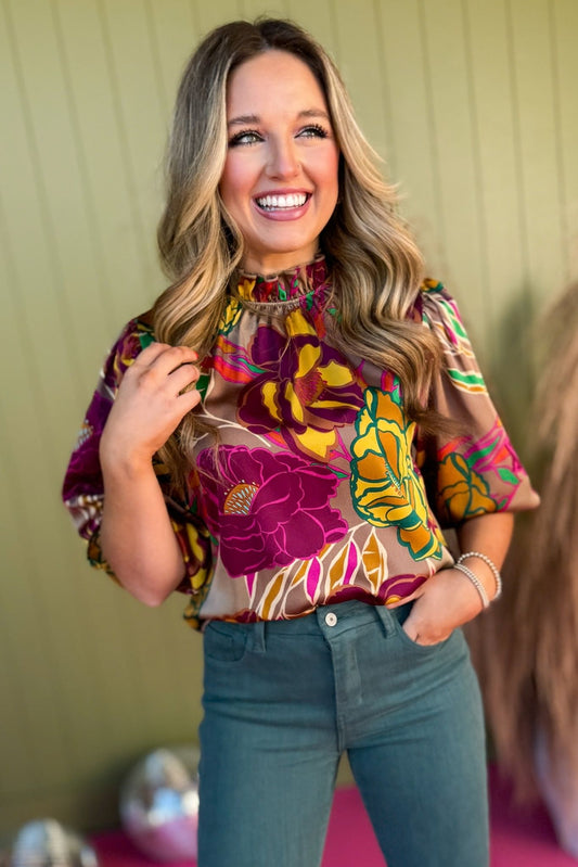 Mocha Brown Floral Printed Frilled Mock Neck Top, must have top, must have style, office style, winter fashion, elevated style, elevated top, mom style, work top, shop style your senses by mallory fitzsimmons
