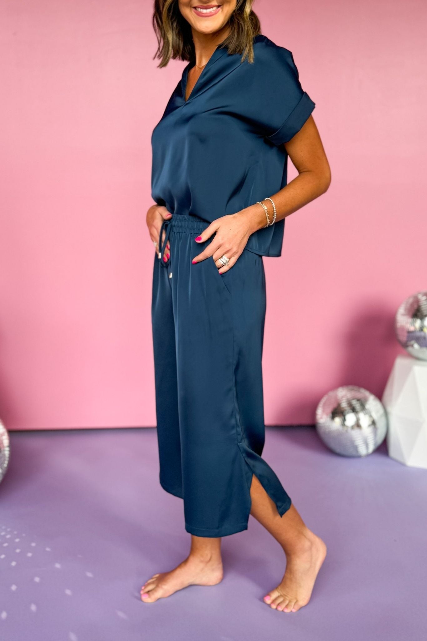 SSYS The Short Sleeve V Neck Cropped Blakely Pajamas In Navy, ssys the label, must have pajamas, elevated pajamas, spring fashion, spring pajamas, luxurious pajamas, mom style, comfortable style, shop style your senses by mallory fitzsimmons, ssys by mallory fitzsimmons