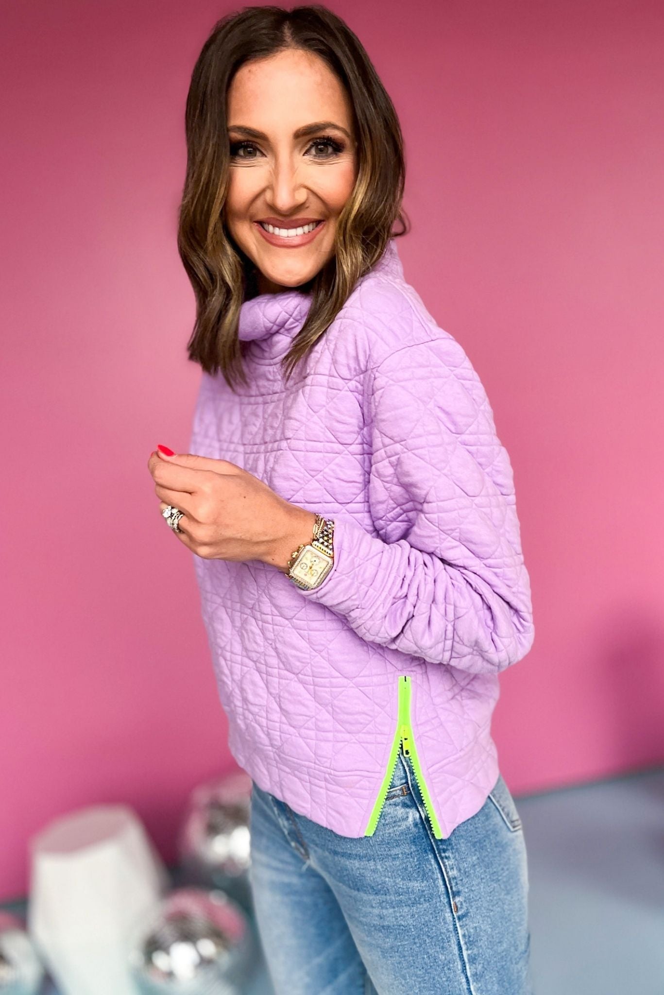 SSYS The Ava Colorblock Zipper Quilted Pullover In Lilac, SSYS the label, Must have pullover, must have style, elevated pullover, spring style, mom style, spring fashion, comfortable fashion, mom fashion, shop style your senses by Mallory Fitzsimmons