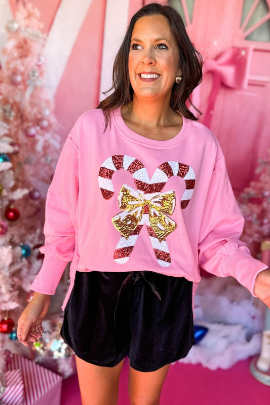  Pink French Terry Sequin Candy Cane Long Sleeve Top, must have sweater, must have style, holiday style, holiday fashion, elevated style, elevated dress, mom style, holiday collection, holiday sweater, shop style your senses by mallory fitzsimmons