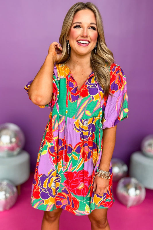 Green Multi Floral Tie Neck Half Balloon Sleeve Dress, floral dress, must have dress, must have style, weekend style, spring fashion, elevated style, elevated style, mom style, shop style your senses by mallory fitzsimmons, ssys by mallory fitzsimmons