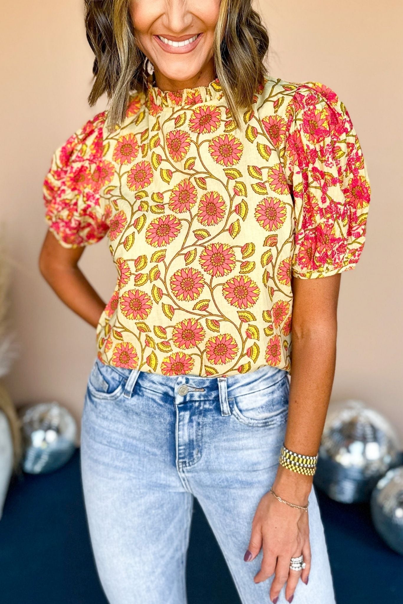 THML Yellow Floral Printed Embroidered Short Sleeve Top, elevated top, elevaed style, must have top, must have style, fall top, printed top, mom style, fall fashion, shop style your senses by mallory fitzsimmons