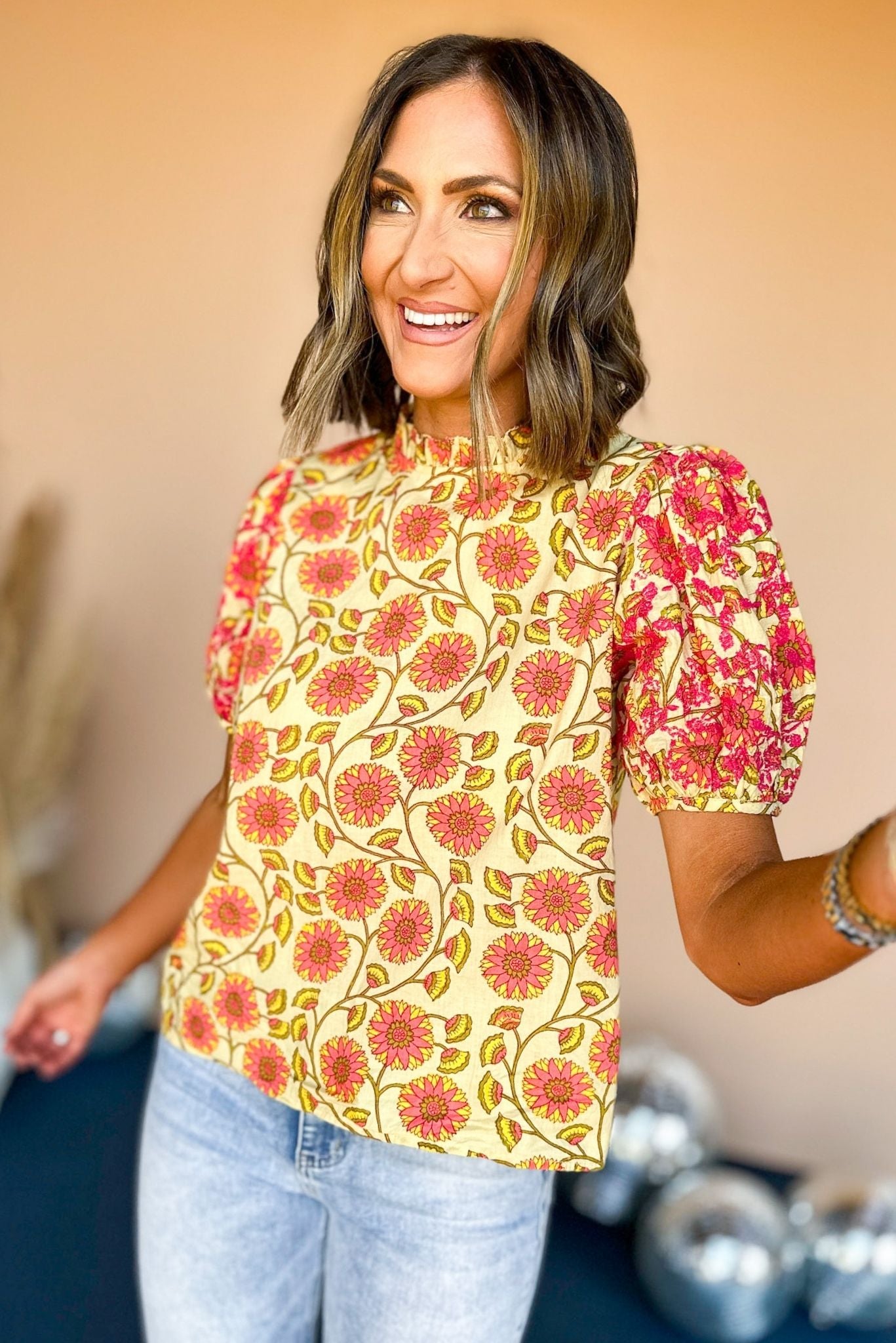 THML Yellow Floral Printed Embroidered Short Sleeve Top, elevated top, elevaed style, must have top, must have style, fall top, printed top, mom style, fall fashion, shop style your senses by mallory fitzsimmons