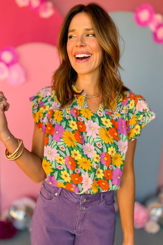 Green Floral Printed Split Neck Smocked Ruffled Sleeve Top, floral top, spring florals, must have top, must have style, office style, spring fashion, elevated style, elevated top, mom style, work top, shop style your senses by mallory fitzsimmons